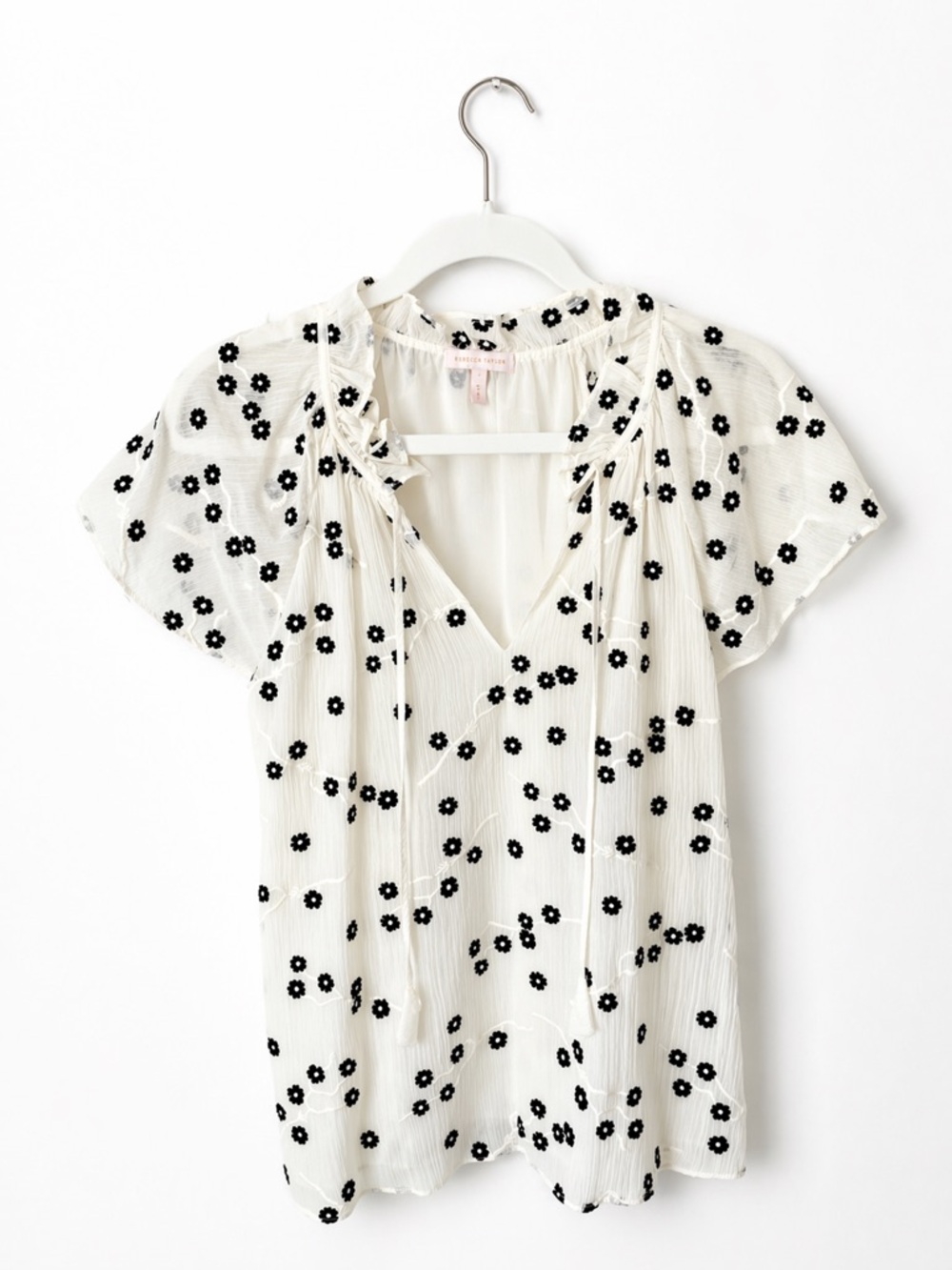 Rebecca Taylor Alessandra Top Capped Sleeve White and Black Floral Casual Size 4